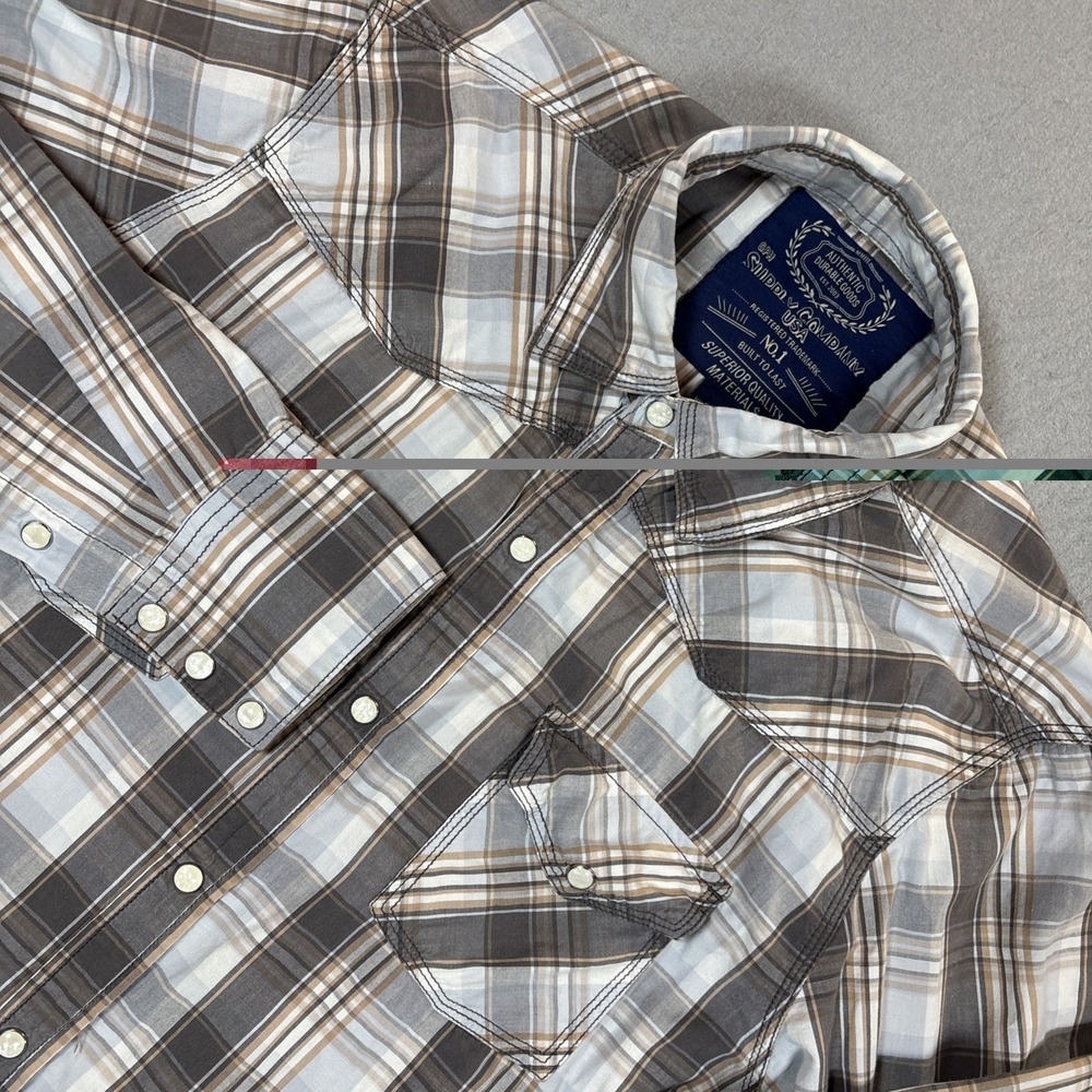 GPH Supply Company Roll Tab Long Sleeve Shirt Large Pearl Snap Plaid Brown VTG